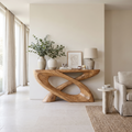 Sculpted Solid Hardwood Console Table with Looped Pedestal Base in Natural Oak finish