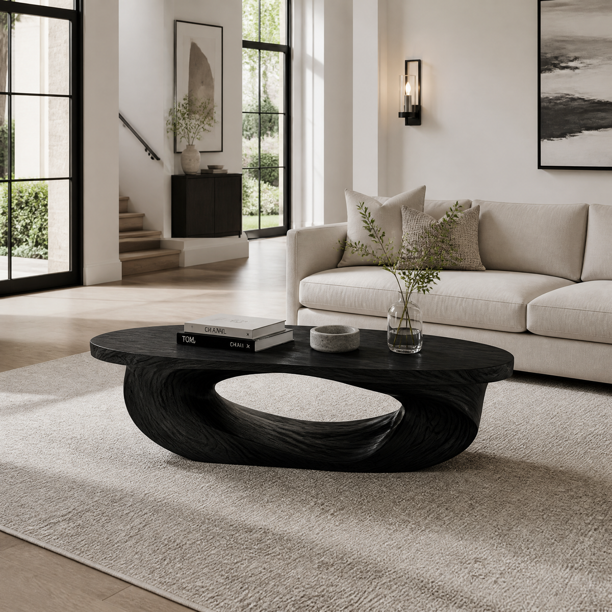 Low Sculpted Wood Coffee Table with Oval Loop Base in Black finish