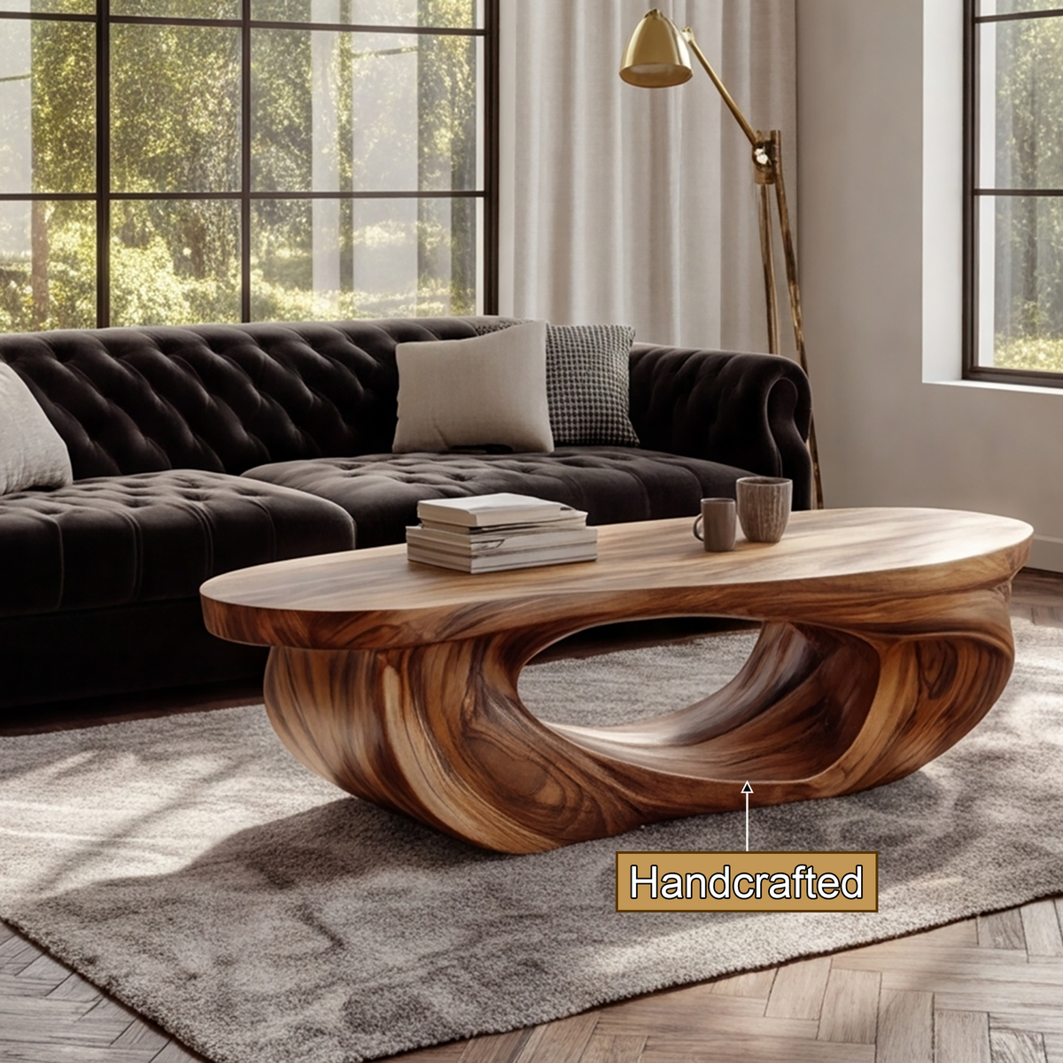 Low Sculpted Wood Coffee Table with Oval Loop Base - view 9