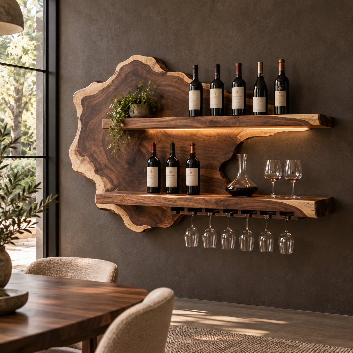 Live Edge Floating Wine Shelf with Back Panel and Stemware Rack