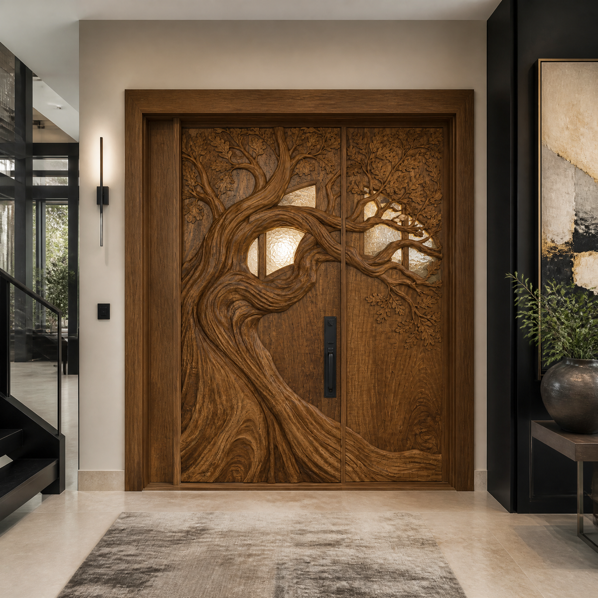 Sculpted Solid Wood Door with Carved Center Panel in Brown finish