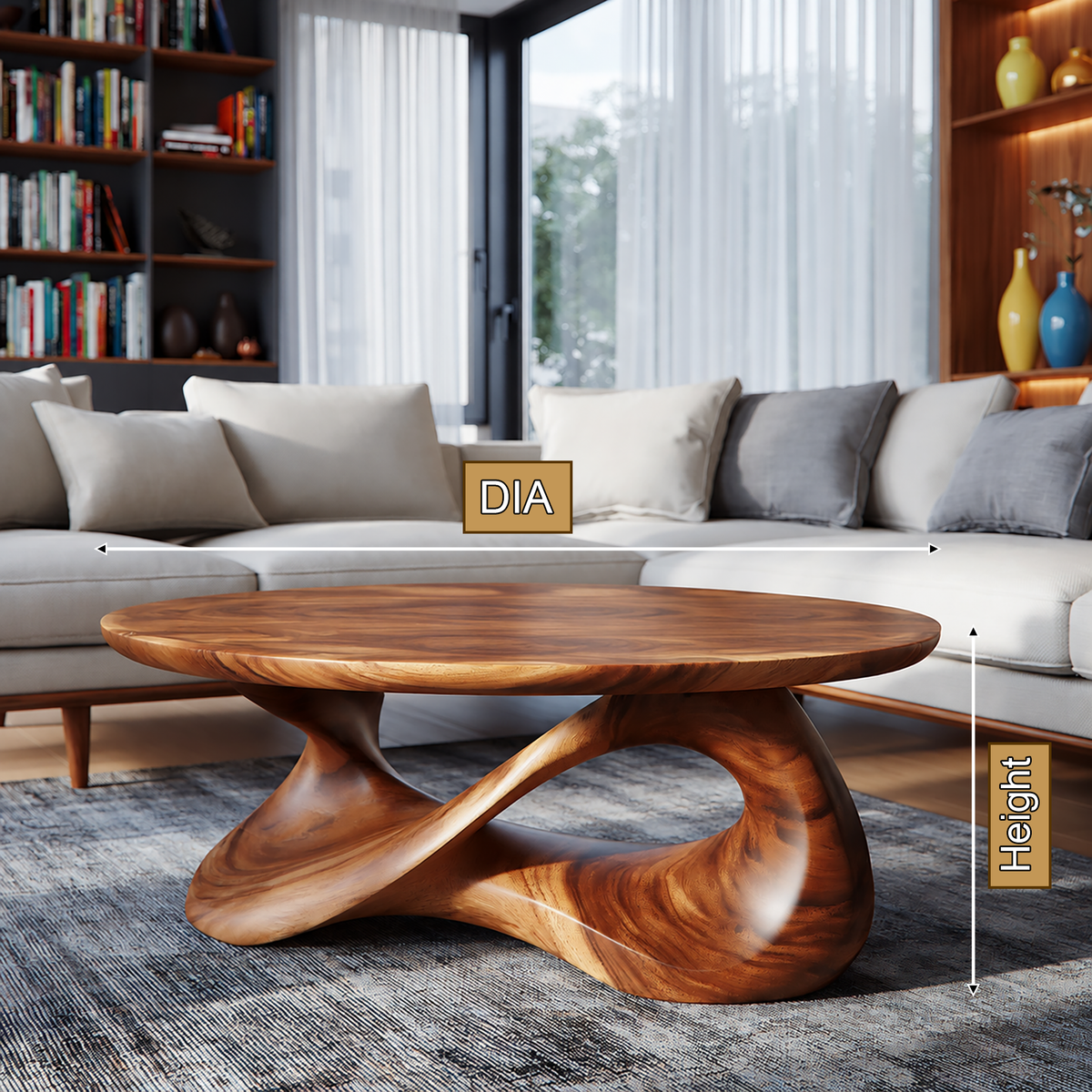 Round Sculpted Solid Wood Coffee Table with Pedestal Base - view 8