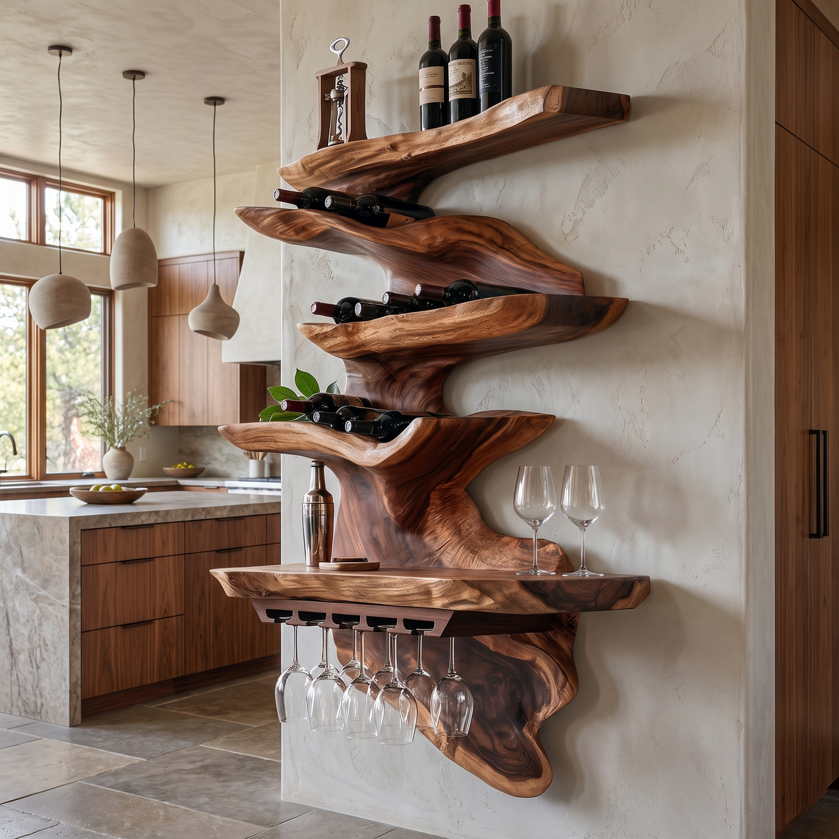 Live Edge Solid Wood Floating Wine Shelf in Stepped Tiers in Brown finish
