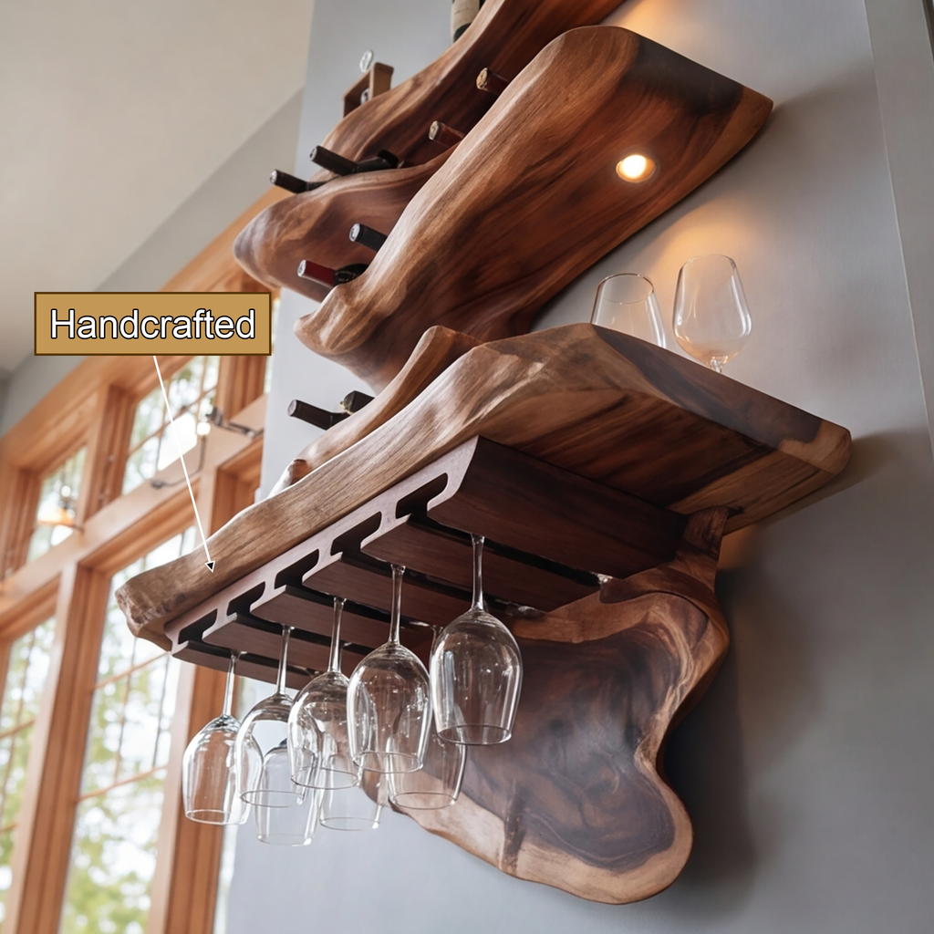 Live Edge Solid Wood Floating Wine Shelf in Stepped Tiers - view 10