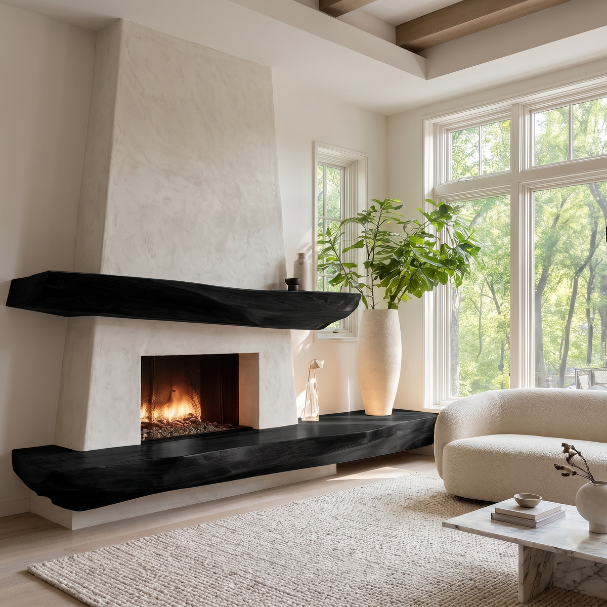 Solid Wood Fireplace Mantel Shelf with Sculpted Underside in Black finish