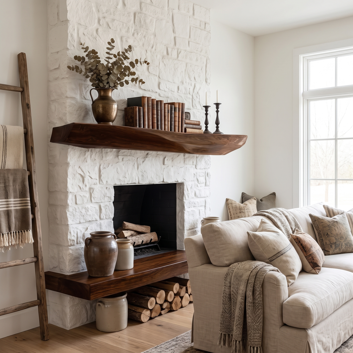Solid Wood Fireplace Mantel Shelf with Sculpted Underside in Dark Walnut finish