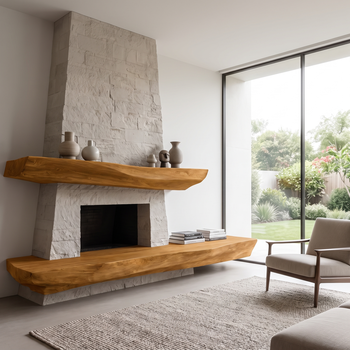 Solid Wood Fireplace Mantel Shelf with Sculpted Underside in Teak finish