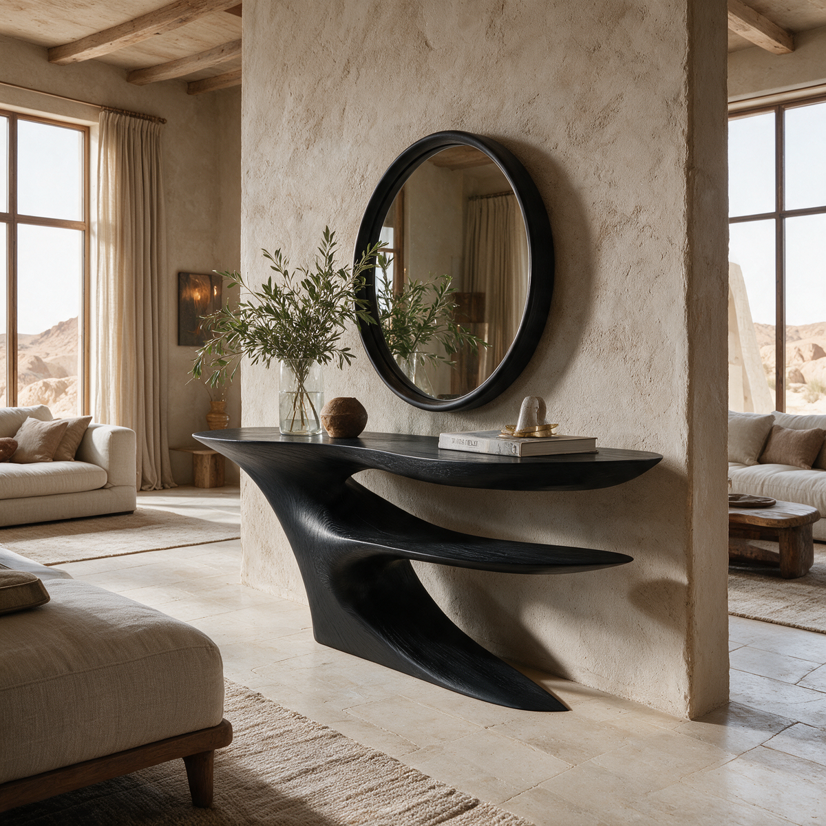 Cantilever Sculpted Solid Wood Console Table with Lower Shelf in Black finish
