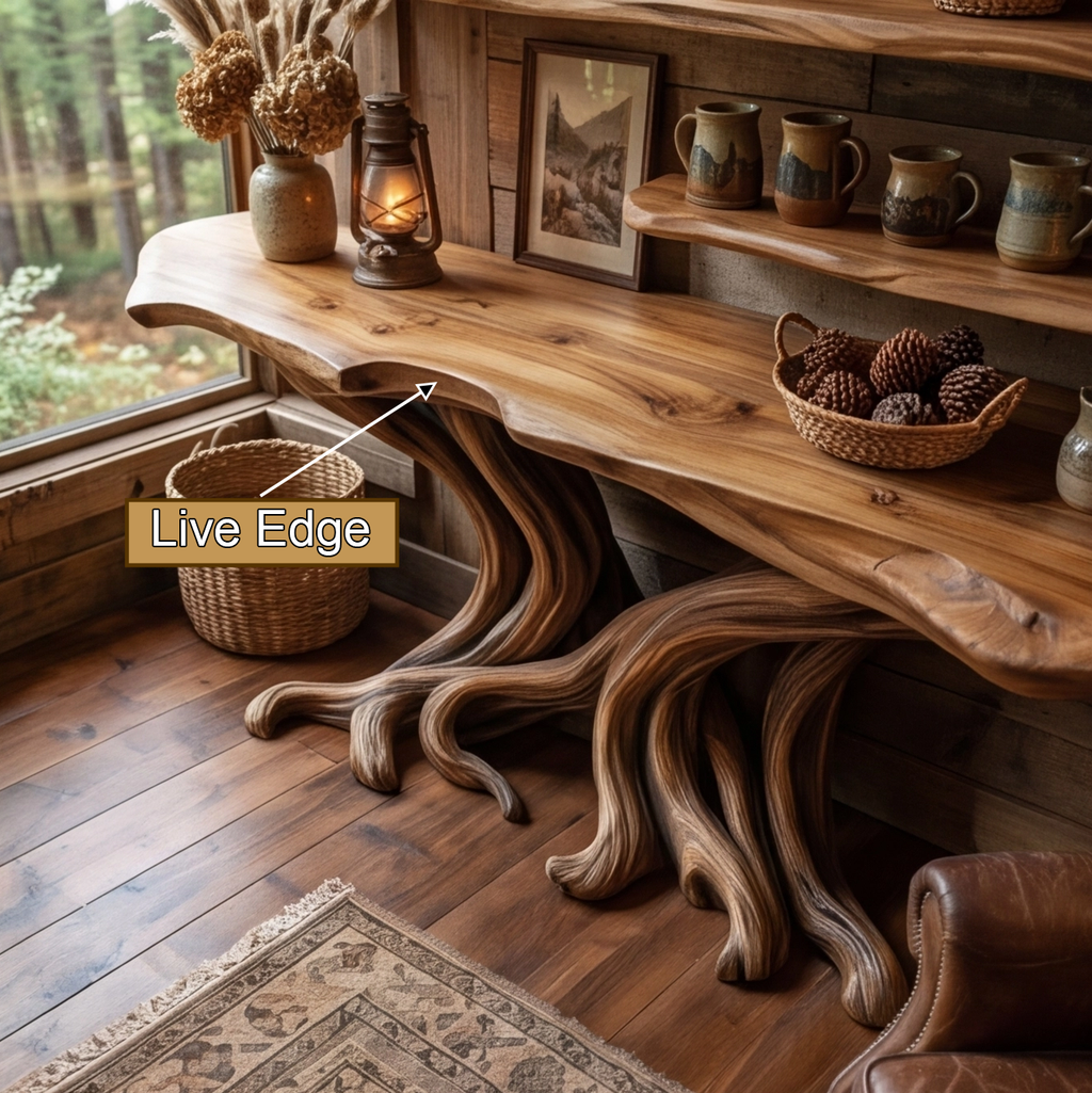 Tree Root Solid Wood Console Table with Live Edge Wall Shelves - view 2