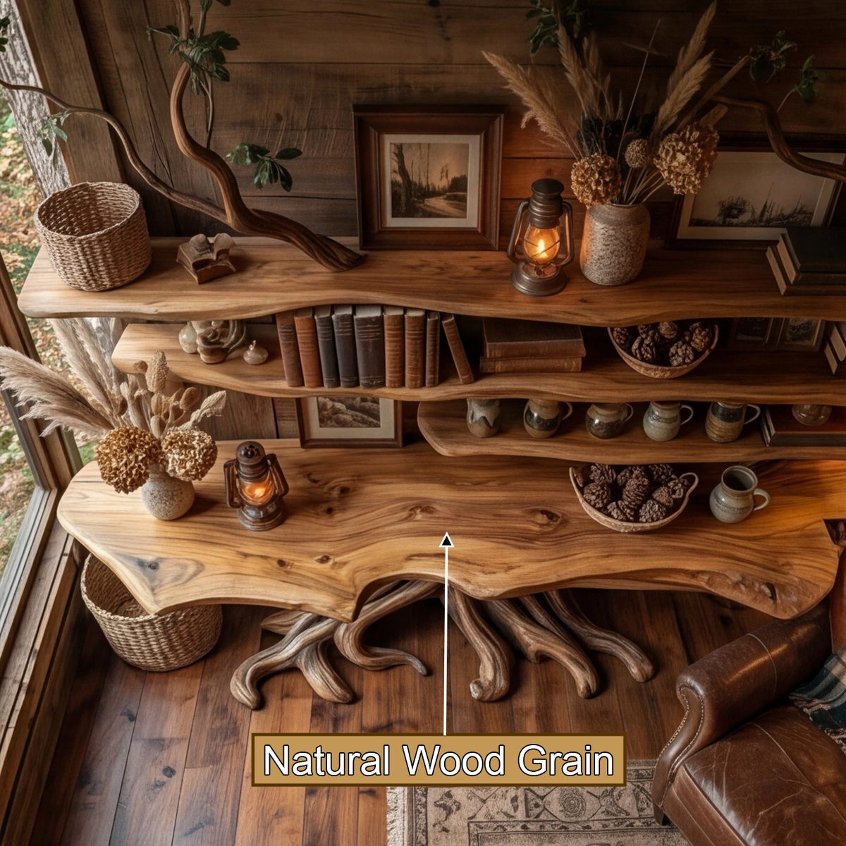 Tree Root Solid Wood Console Table with Live Edge Wall Shelves - view 3