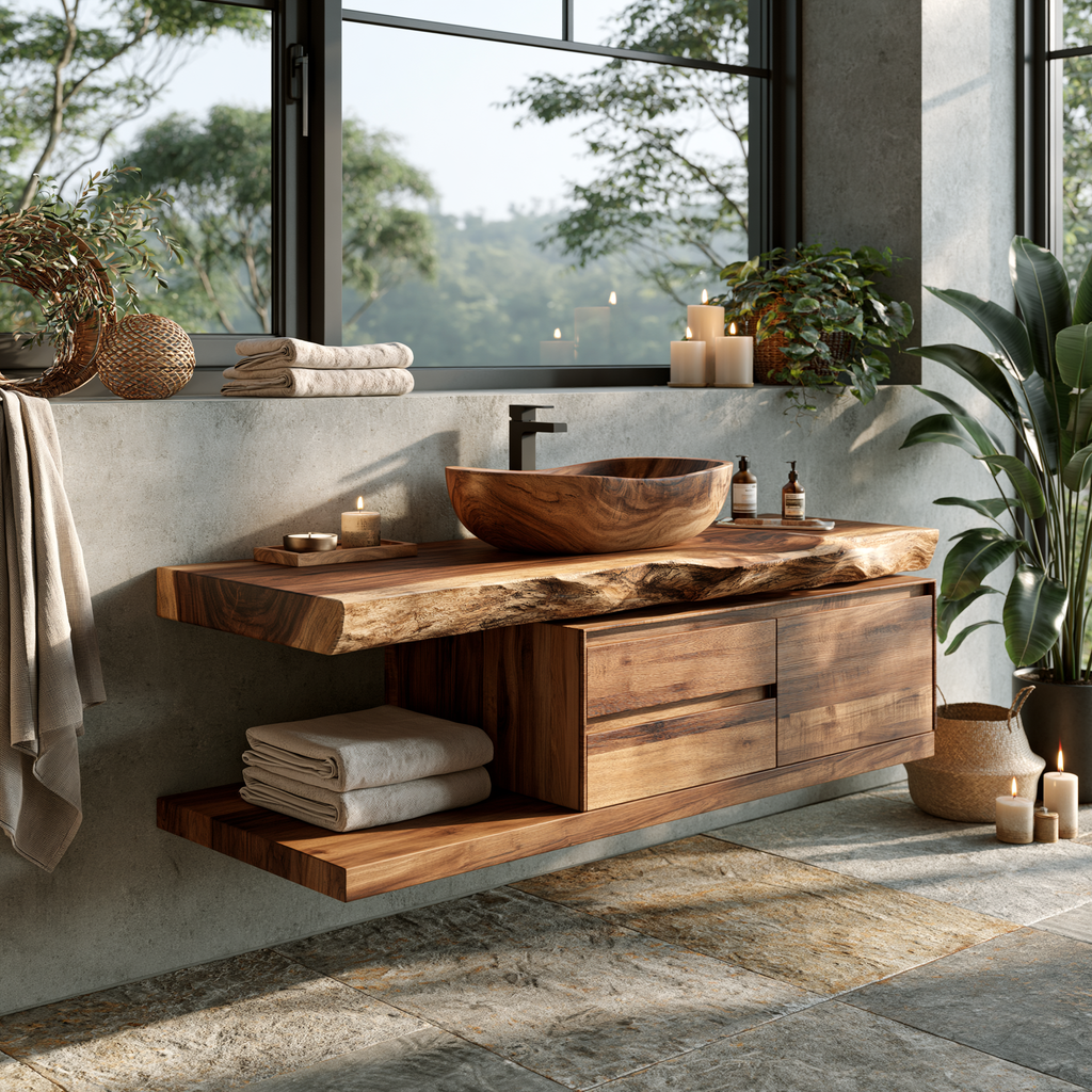 Live Edge Solid Wood Floating Vanity with Soft-Close Drawers