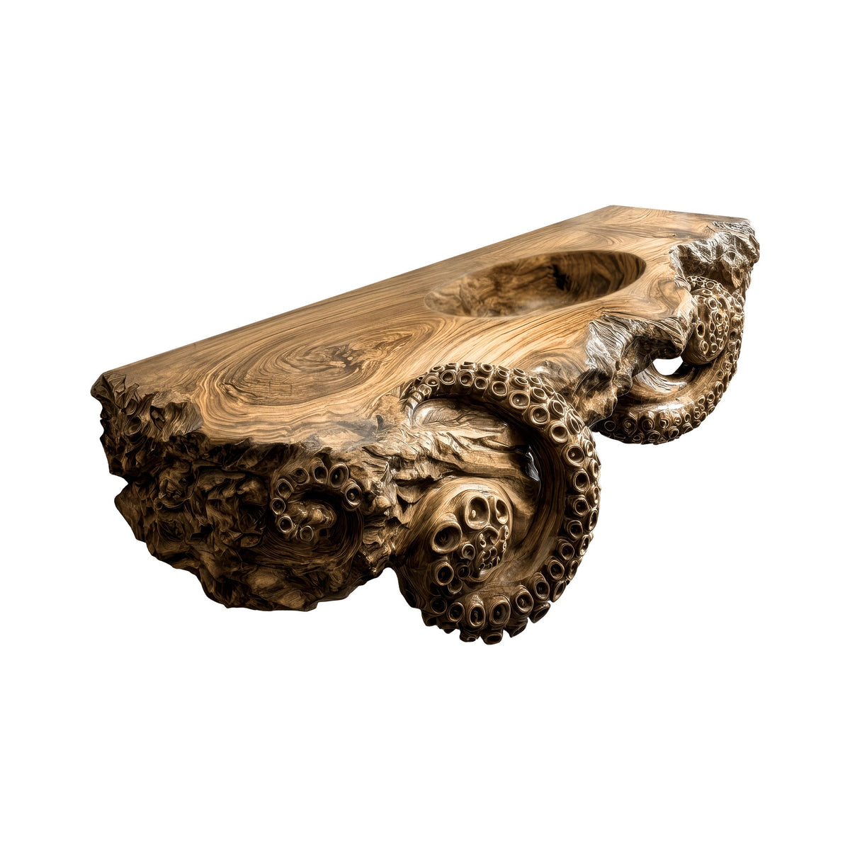 Octopus Carved Live Edge Floating Vanity with Integrated Sink in Natural Oak finish