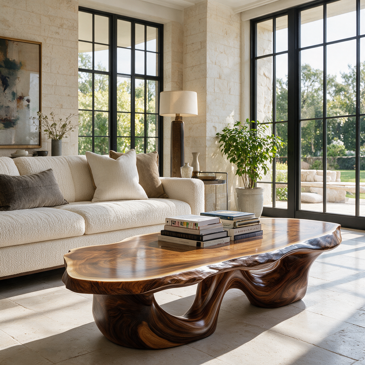 Live Edge Solid Wood Coffee Table with Flowing Pedestal Base in Brown finish