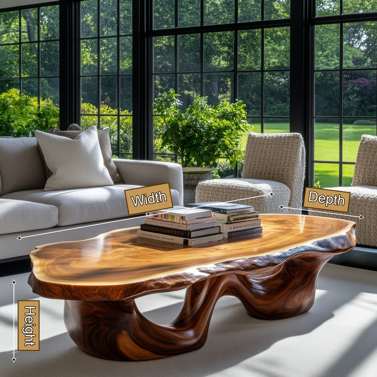 Live Edge Solid Wood Coffee Table with Flowing Pedestal Base - view 8