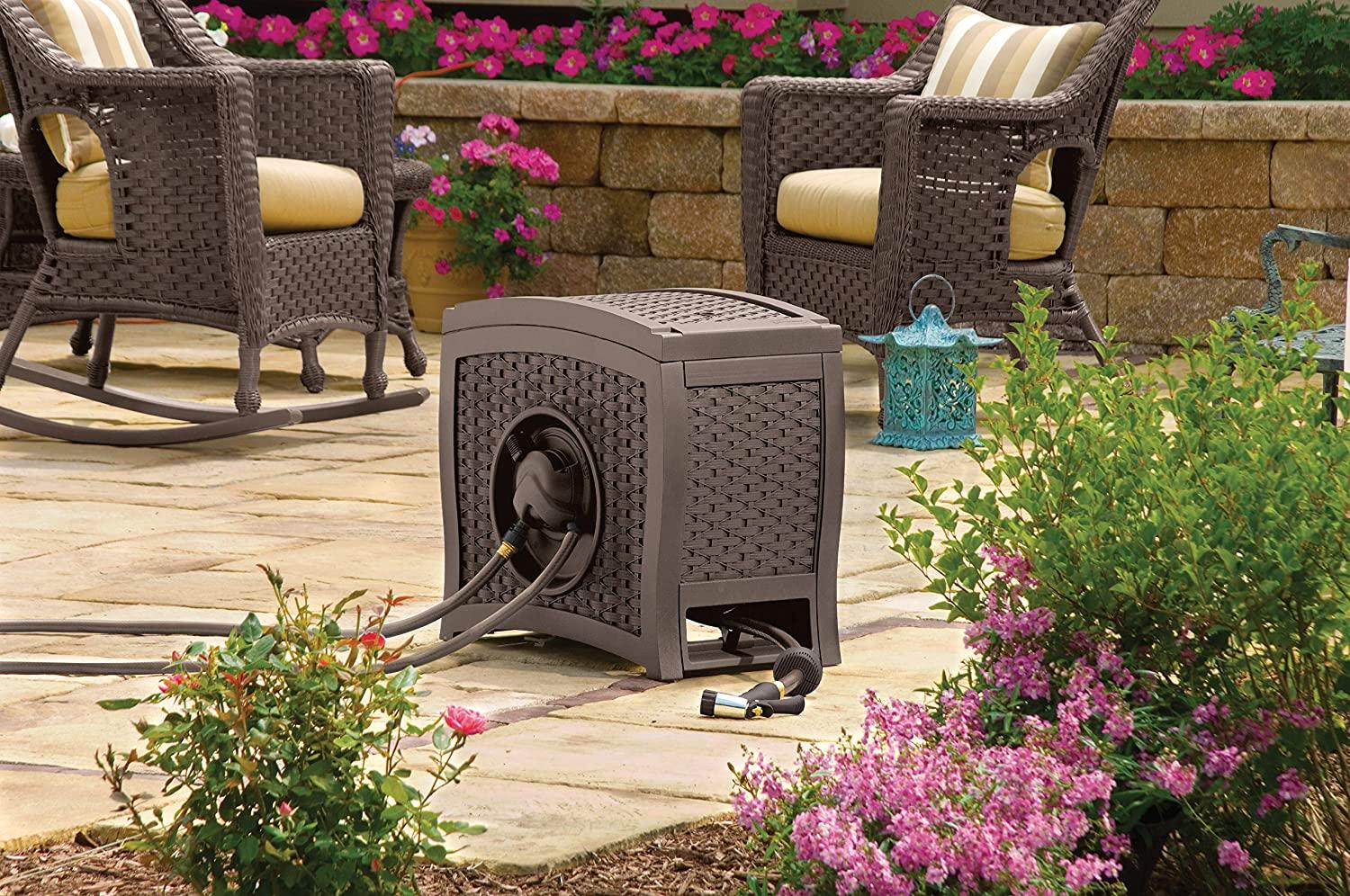 Suncast Aquawinder 125?? Wicker Garden Hose Reel ?C Lightweight Portable Hands ?C Free Water Powered Retractable Hose Reel ?C Java