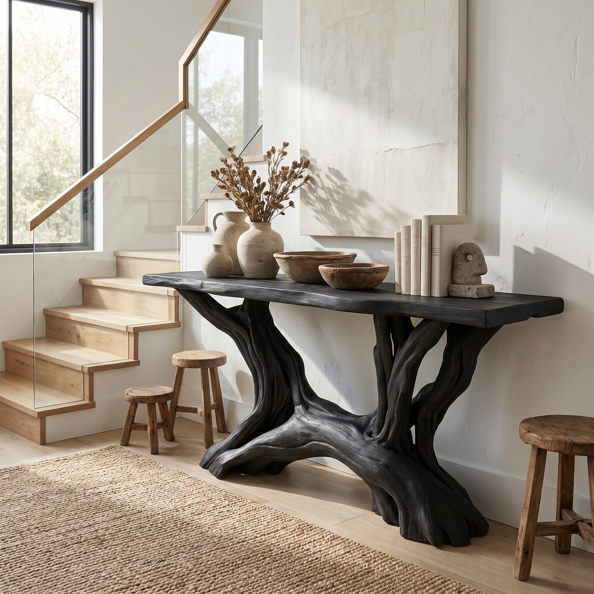 Rustic Organic Solid Wood Console Table with Open Shelving in Black finish