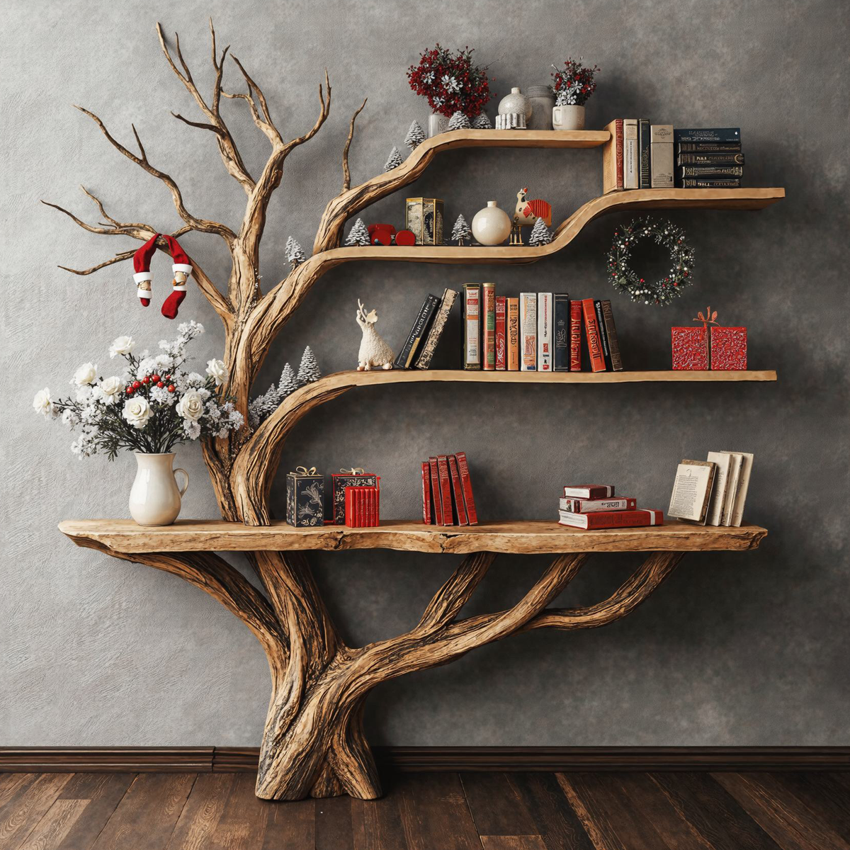 Narrow Floating Live Edge Console Table with Tree Branch Bookshelf