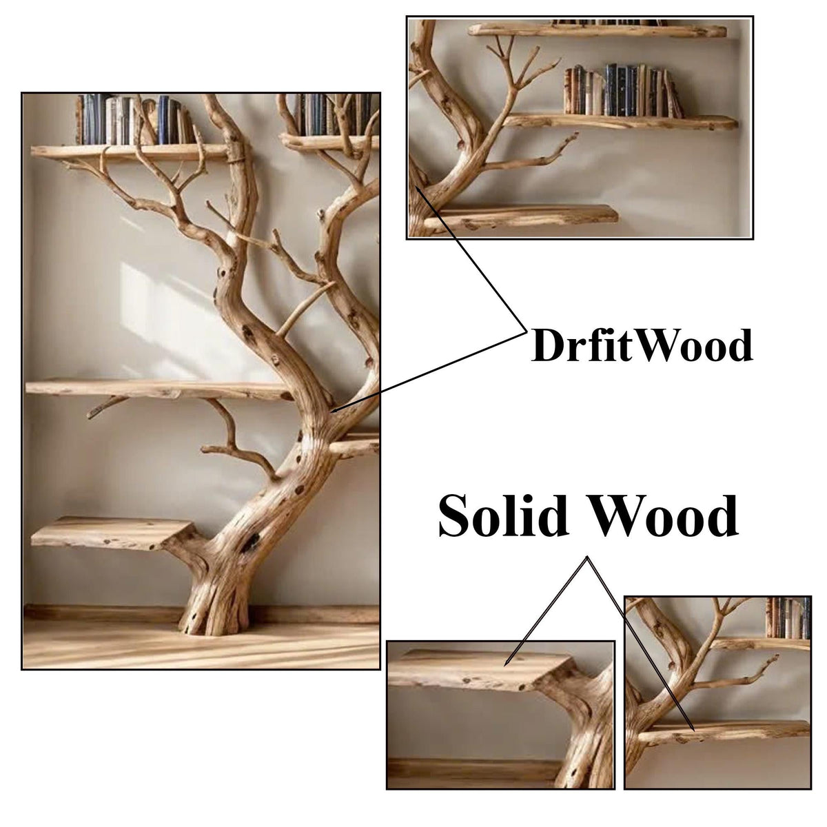 Tree Branch Wall-Mounted Floating Bookshelf in Solid Wood - view 4