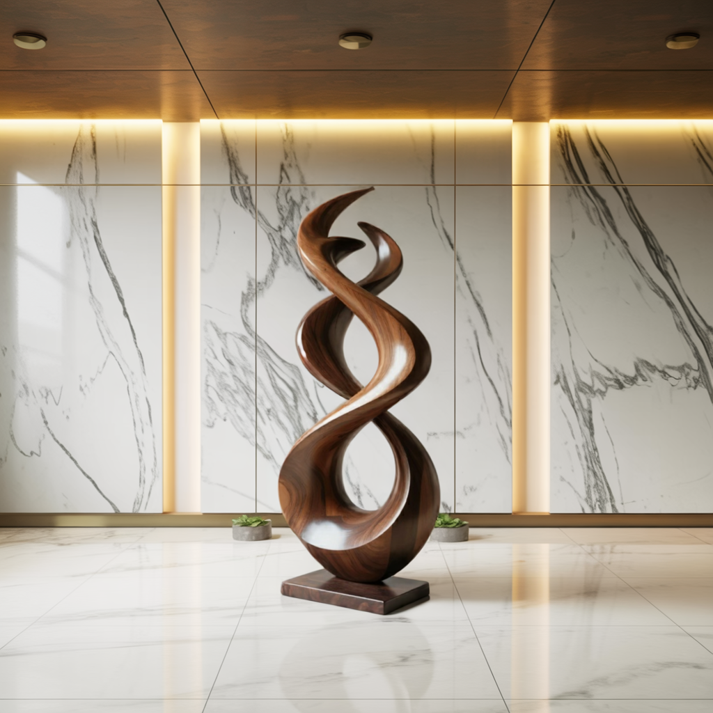 Rustic Abstract Solid Wood Flame Sculpture for Garden or Patio in Brown finish