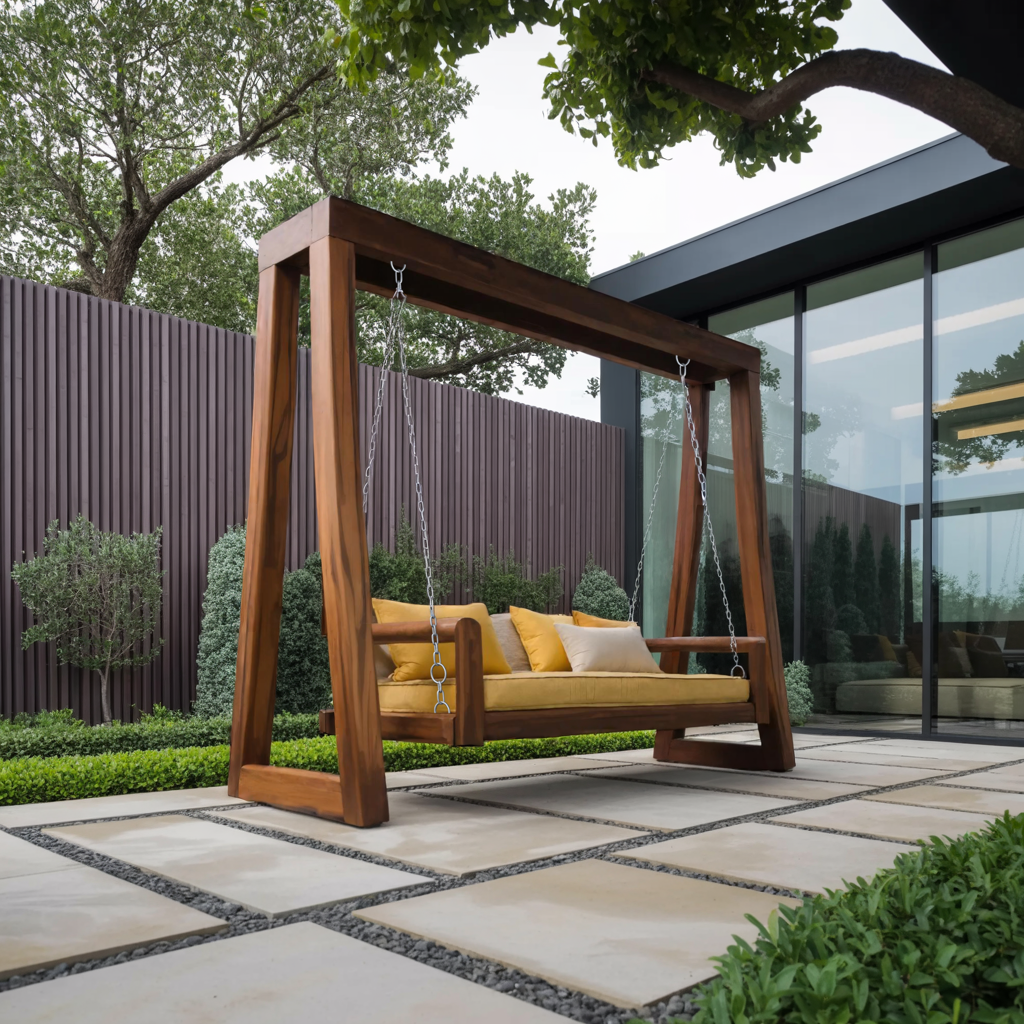Contemporary Solid Wood A-Frame Outdoor Swing Bench for Patio in Brown finish