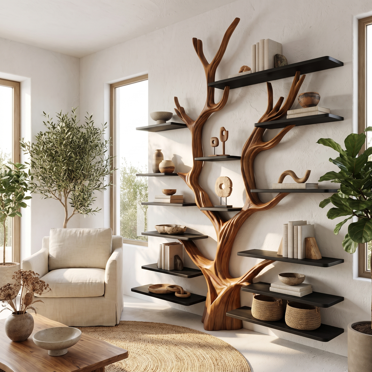 Sculptural Tree-Inspired Wood Bookcase Wall Unit in Brown finish