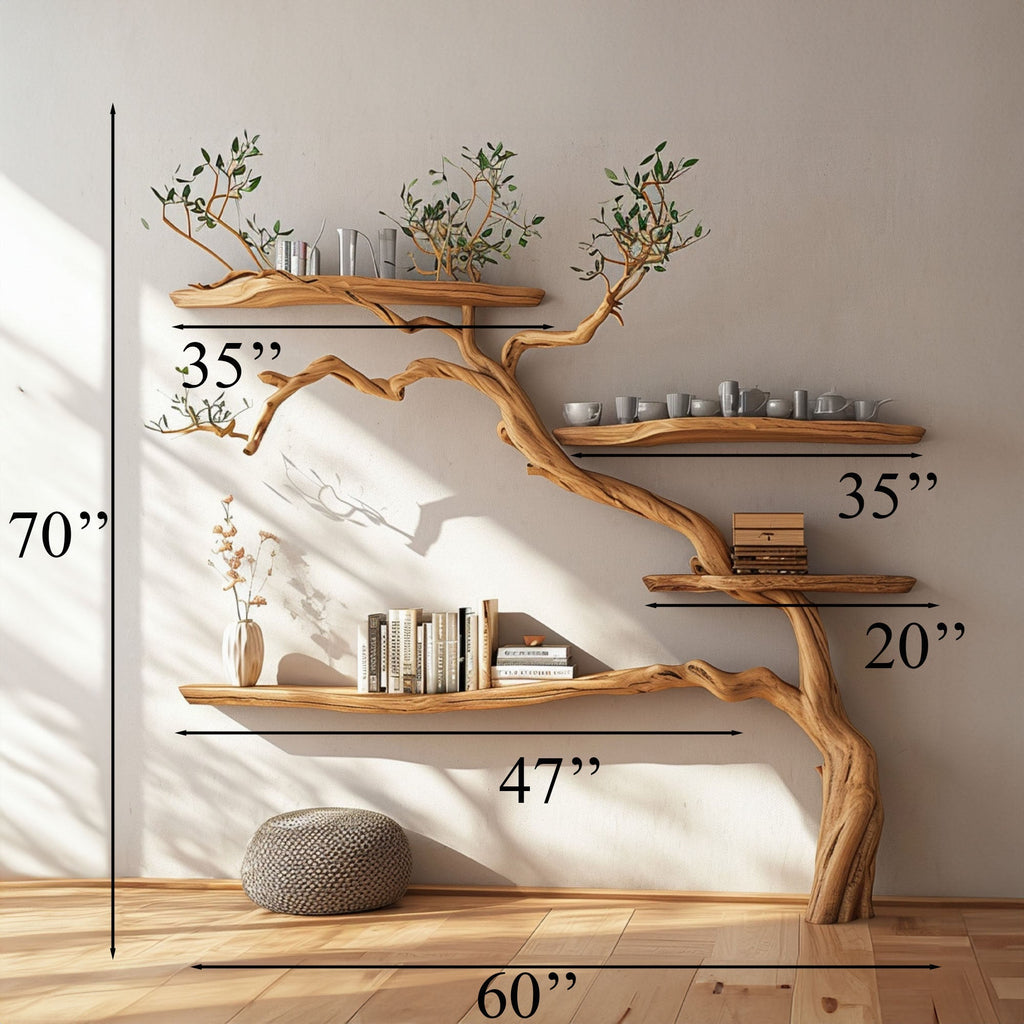 Tree Branch Floating Shelves Montessori Wall Mount Bookshelf in Brown finish