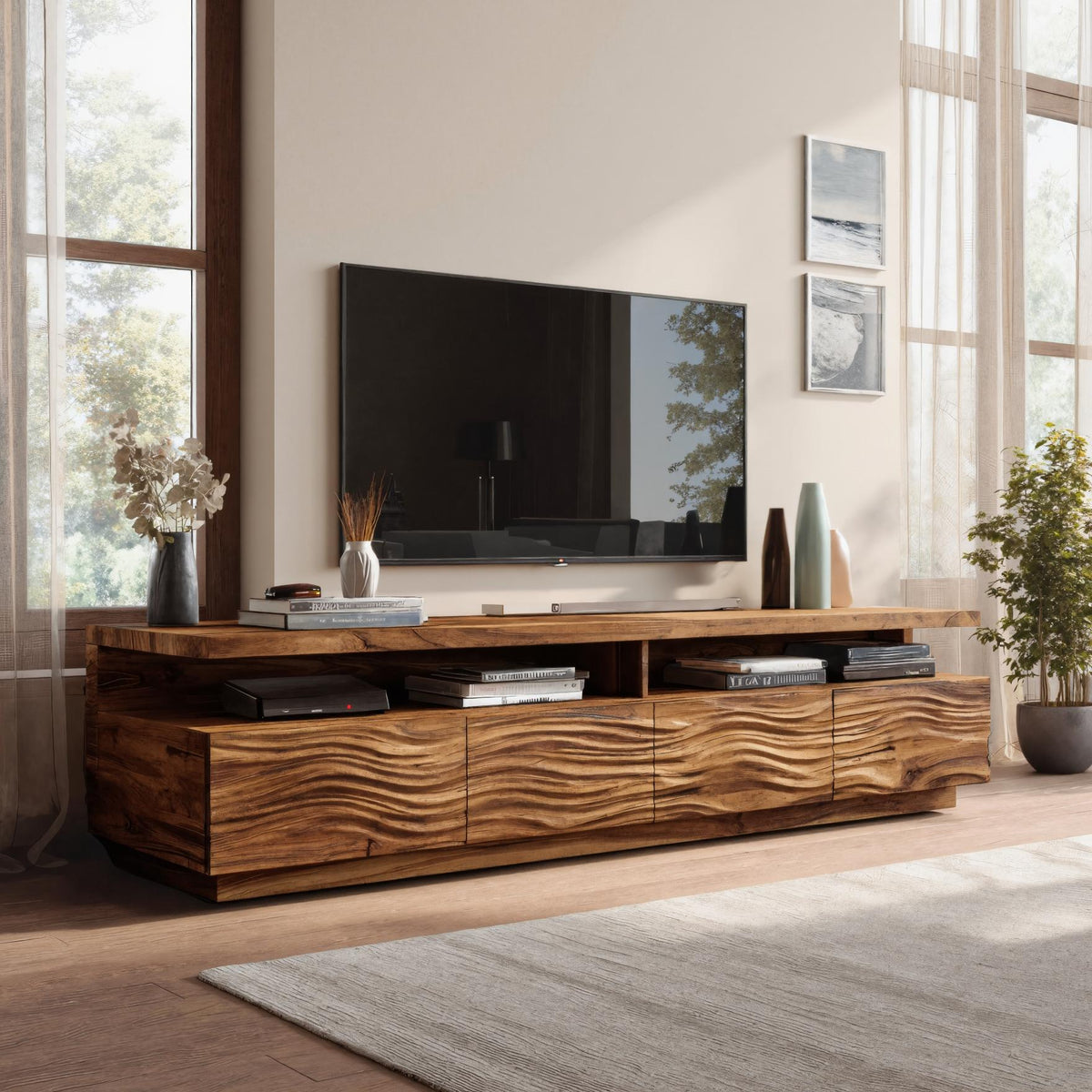 Solid Wood TV Stand with Wave Carved Storage Cabinets - view 2