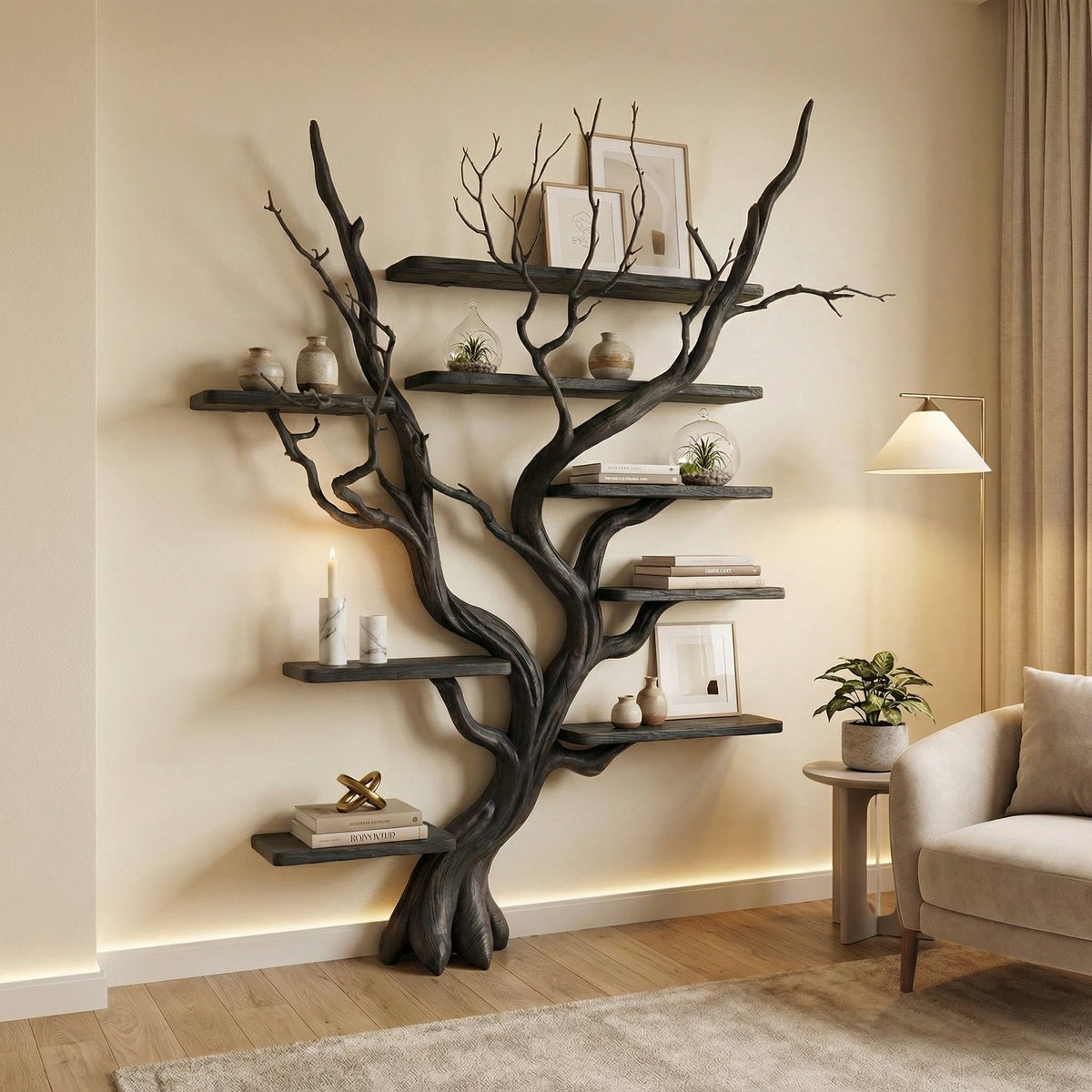 Driftwood Tree Branch Floating Bookshelf for Living Room Walls in Black finish