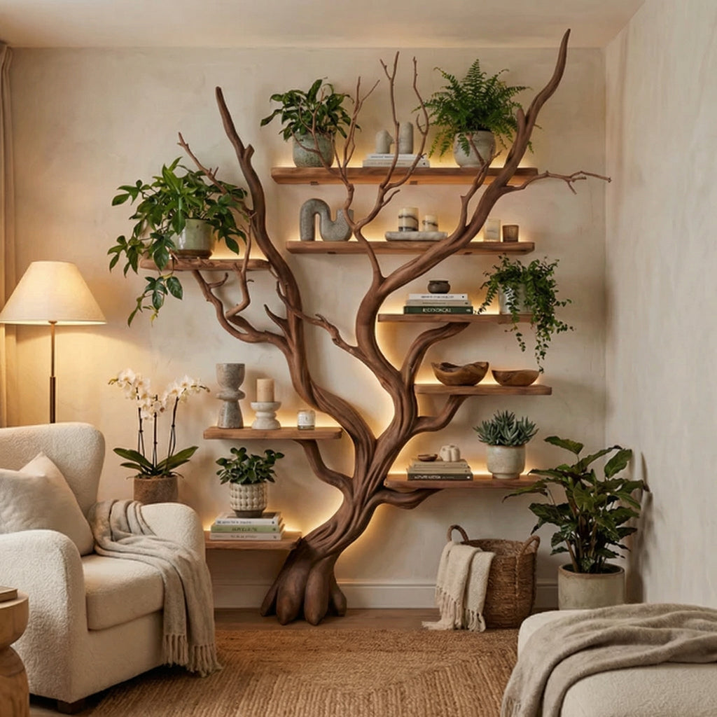 Driftwood Tree Branch Floating Bookshelf for Living Room Walls in Brown finish