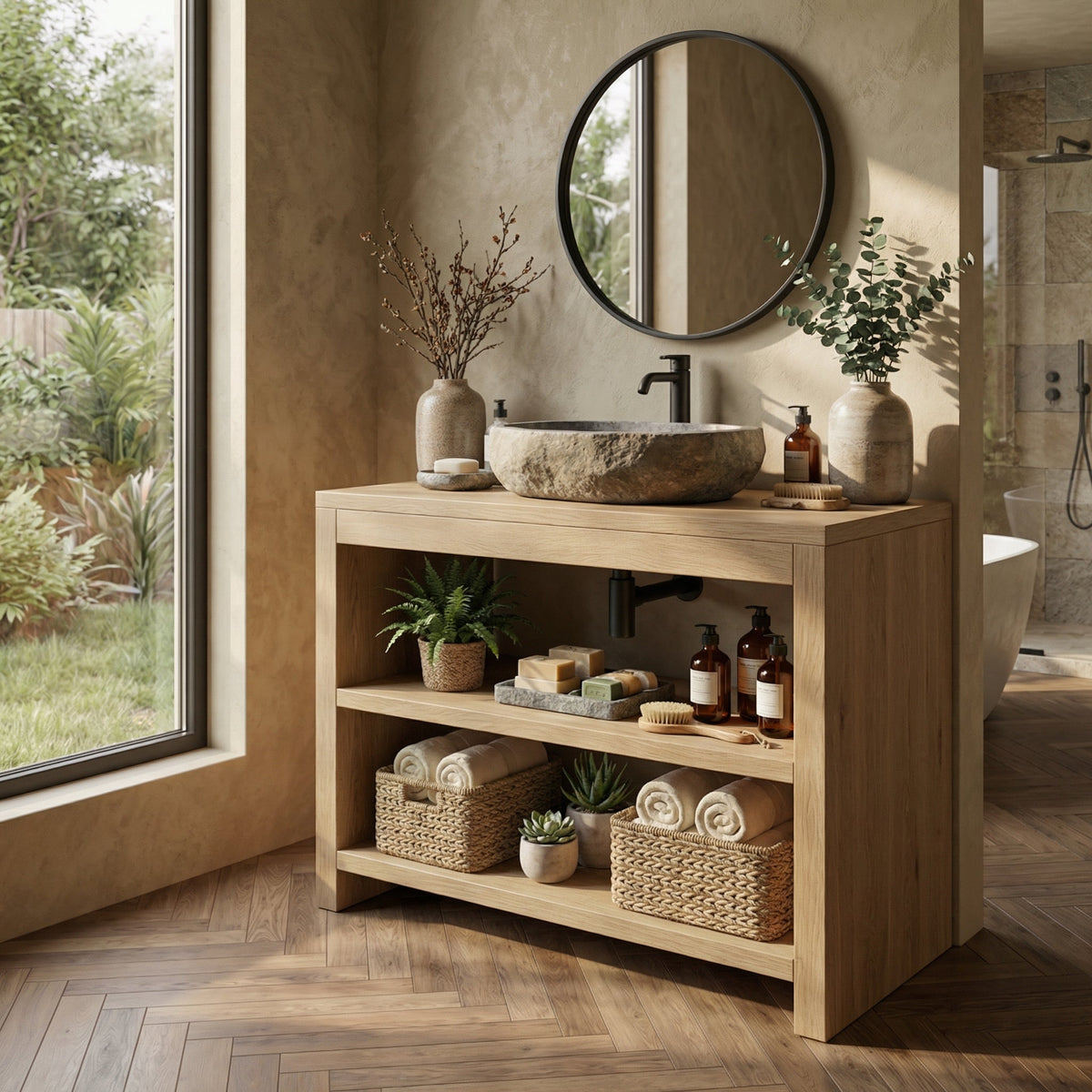 Custom Live Edge Wood Bathroom Vanity Cabinet, With or Without Sink in Oak finish