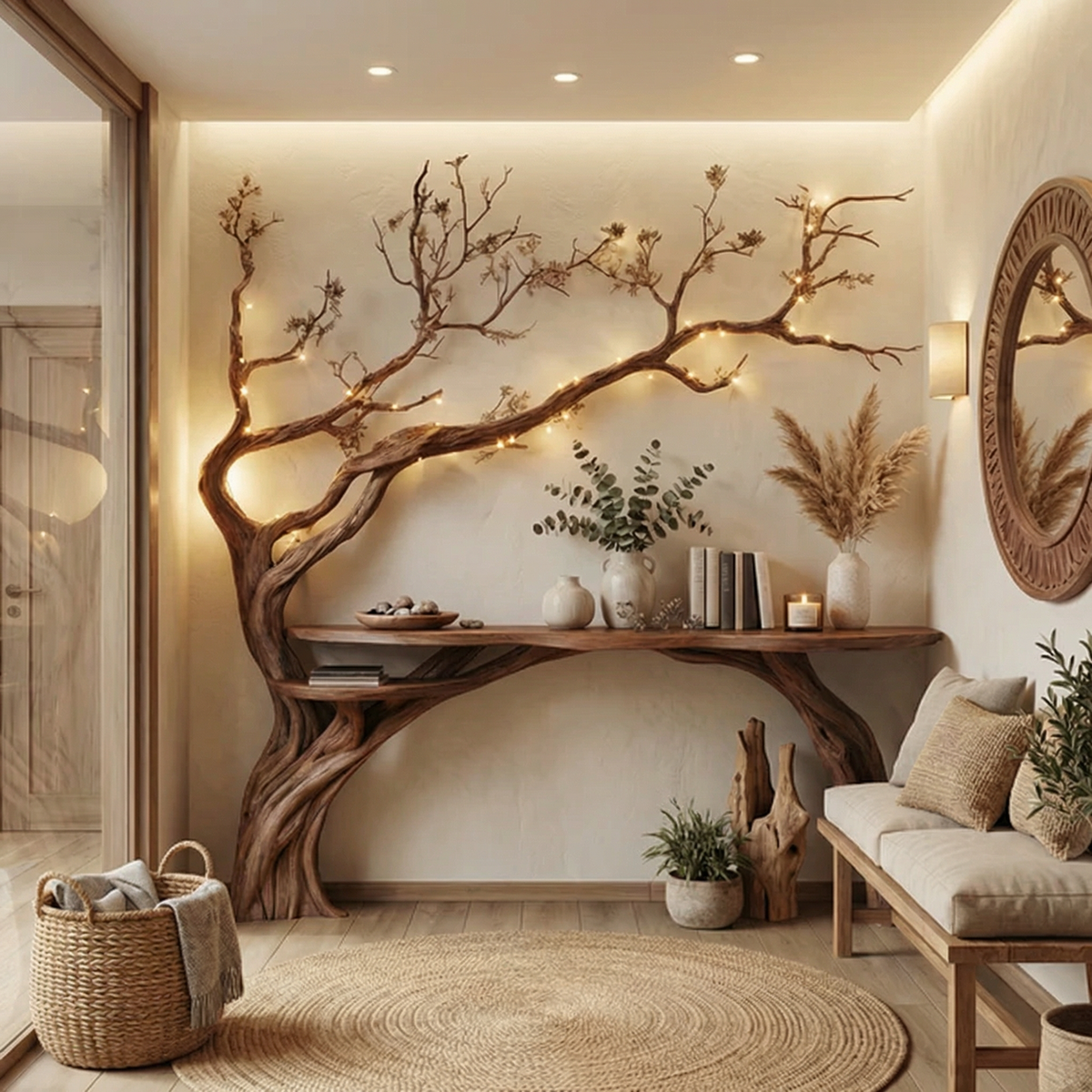 Natural Solid Wood Console Side Table with Tree Bookshelf in Walnut finish