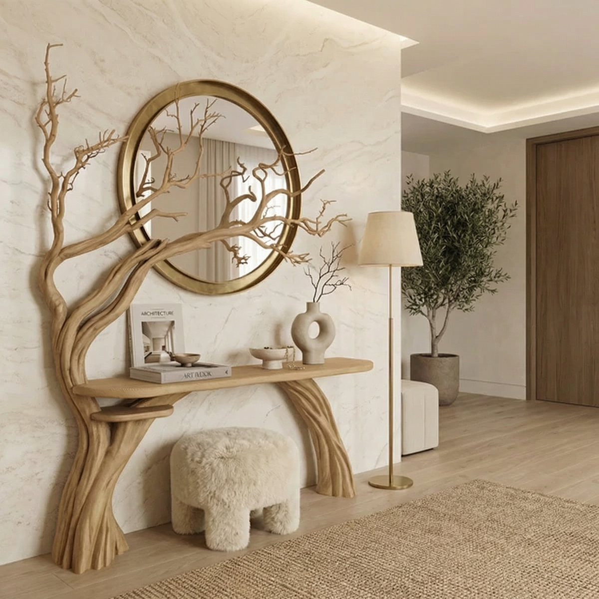 Natural Solid Wood Console Side Table with Tree Bookshelf in Oak finish