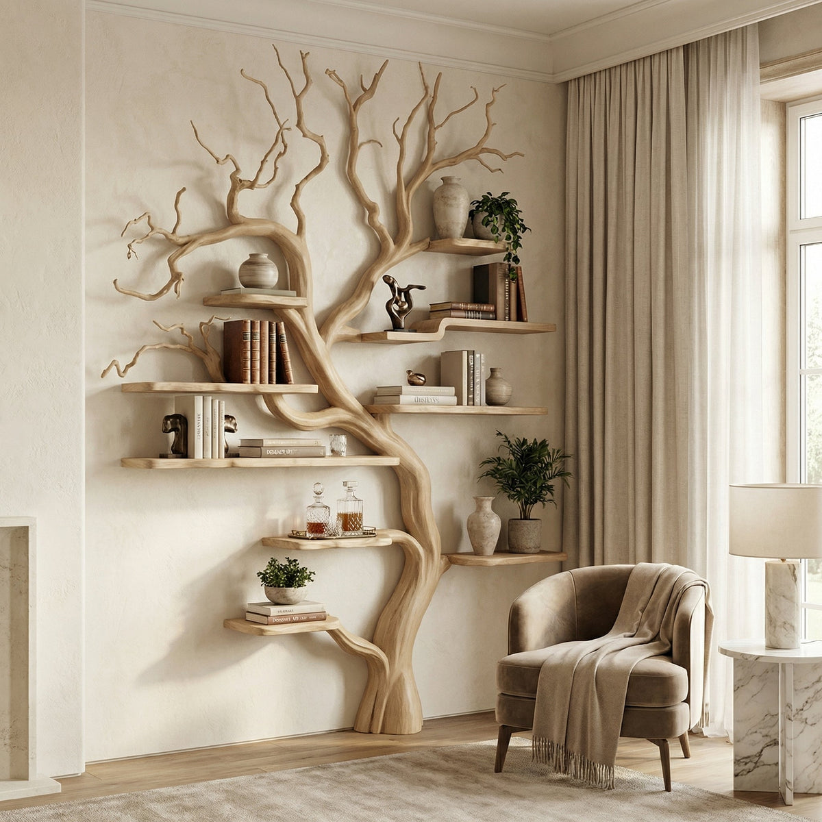 Rustic Tree Branch Floating Wall Bookshelf, 60 x 60 Inch in Oak finish