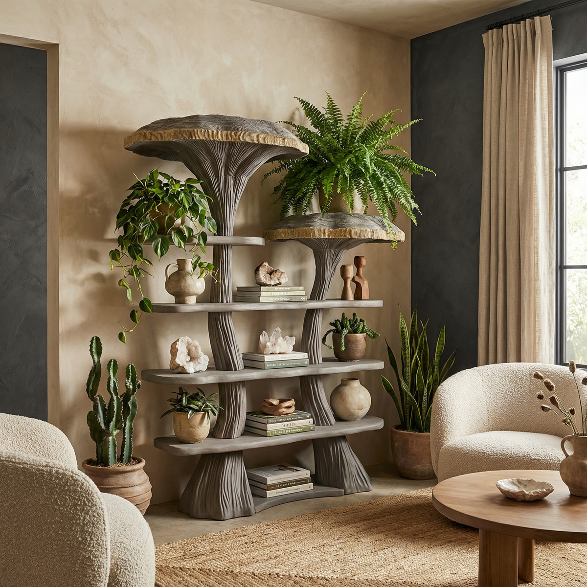 Mushroom Tree Branch Floating Bookshelf in Natural Wood in Gray finish