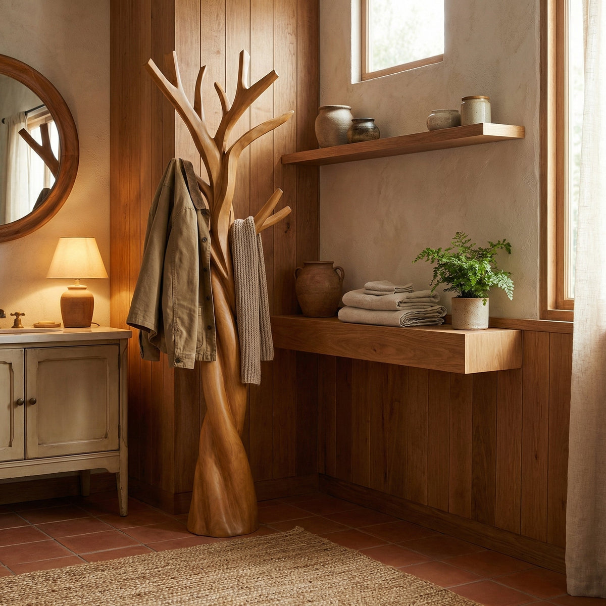 Twisted Tree Branch Solid Wood Coat Rack for Entryway in Brown finish