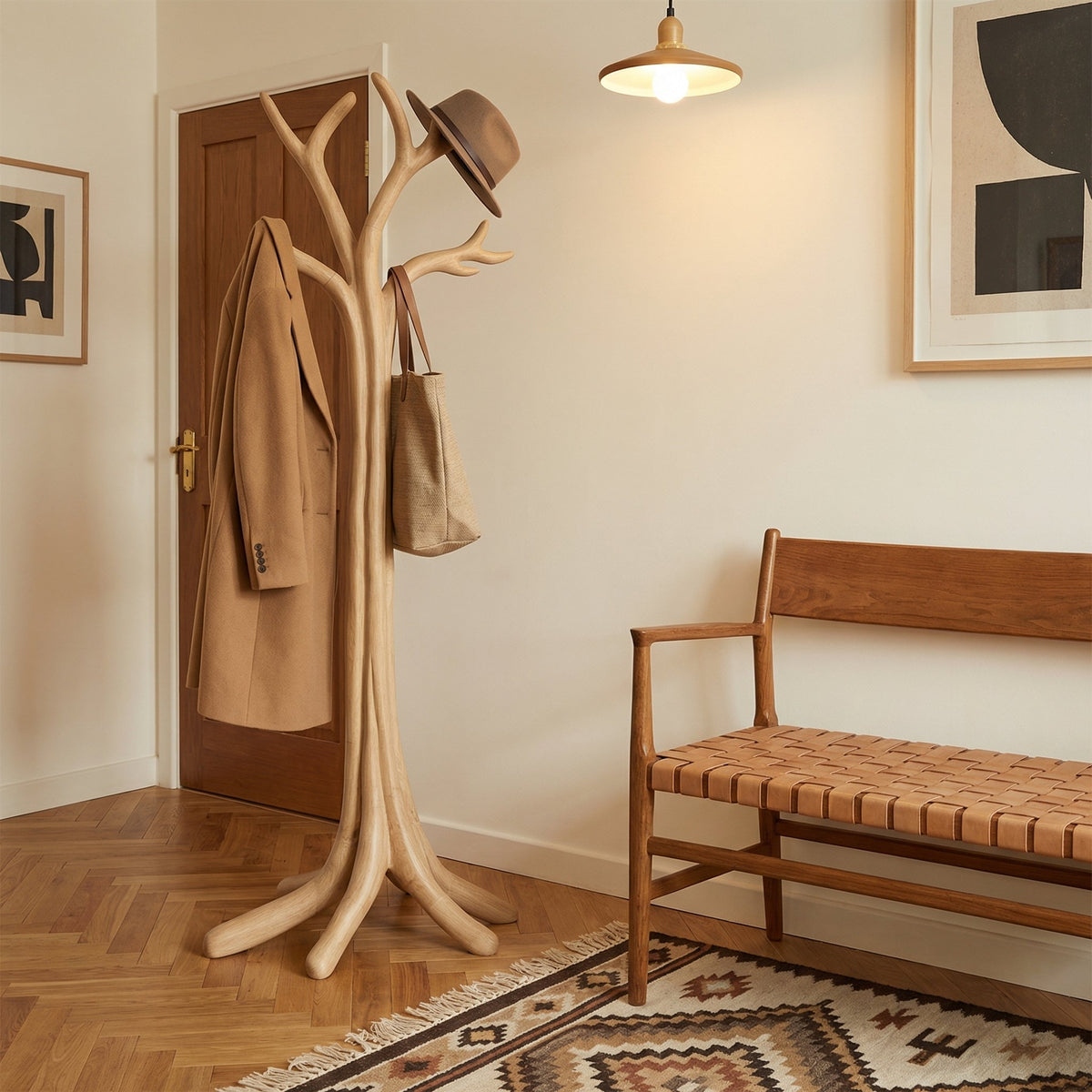Rustic Solid Wood Tree Branch Coat Rack with Tripod Base in Oak finish