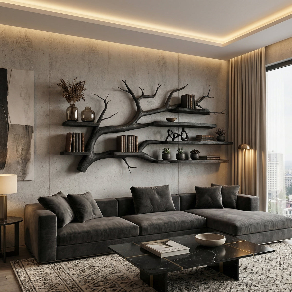 Rustic Tree Branch Floating Wall Shelf for Office or Reading Corner in Black finish