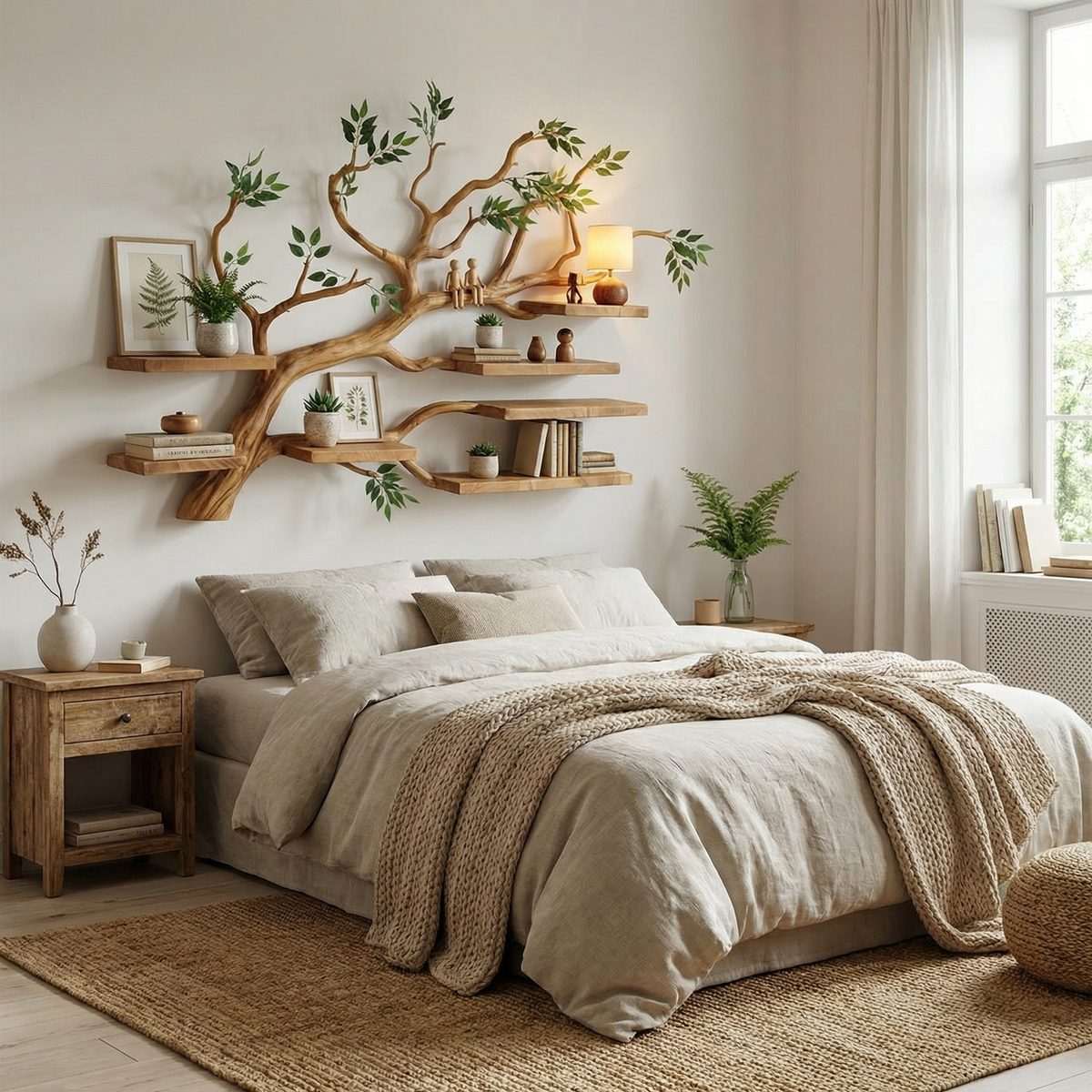 Rustic Tree Branch Floating Wall Shelf for Office or Reading Corner in Brown finish