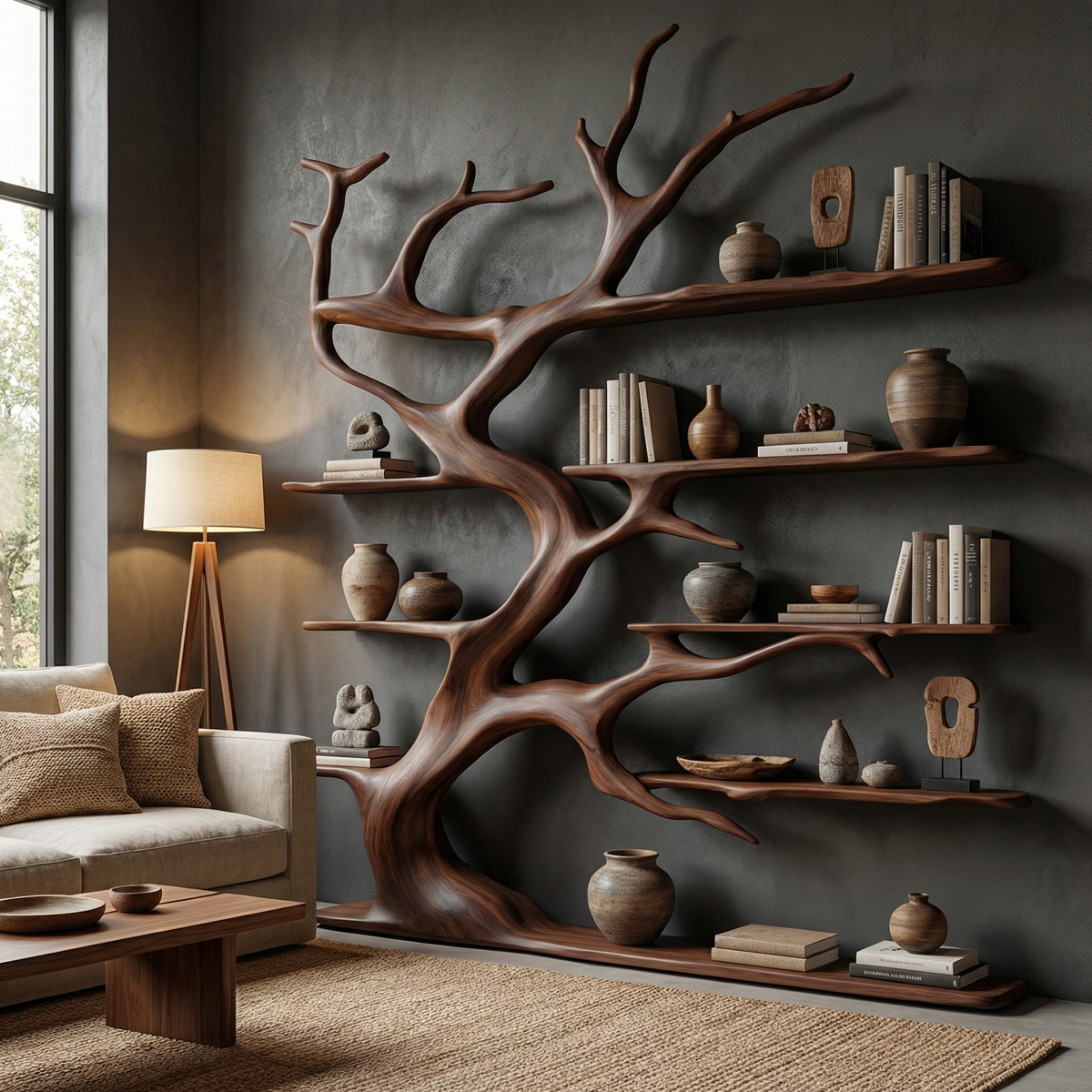 Rustic Tree Branch Bookshelf for Living Room Display in Walnut finish