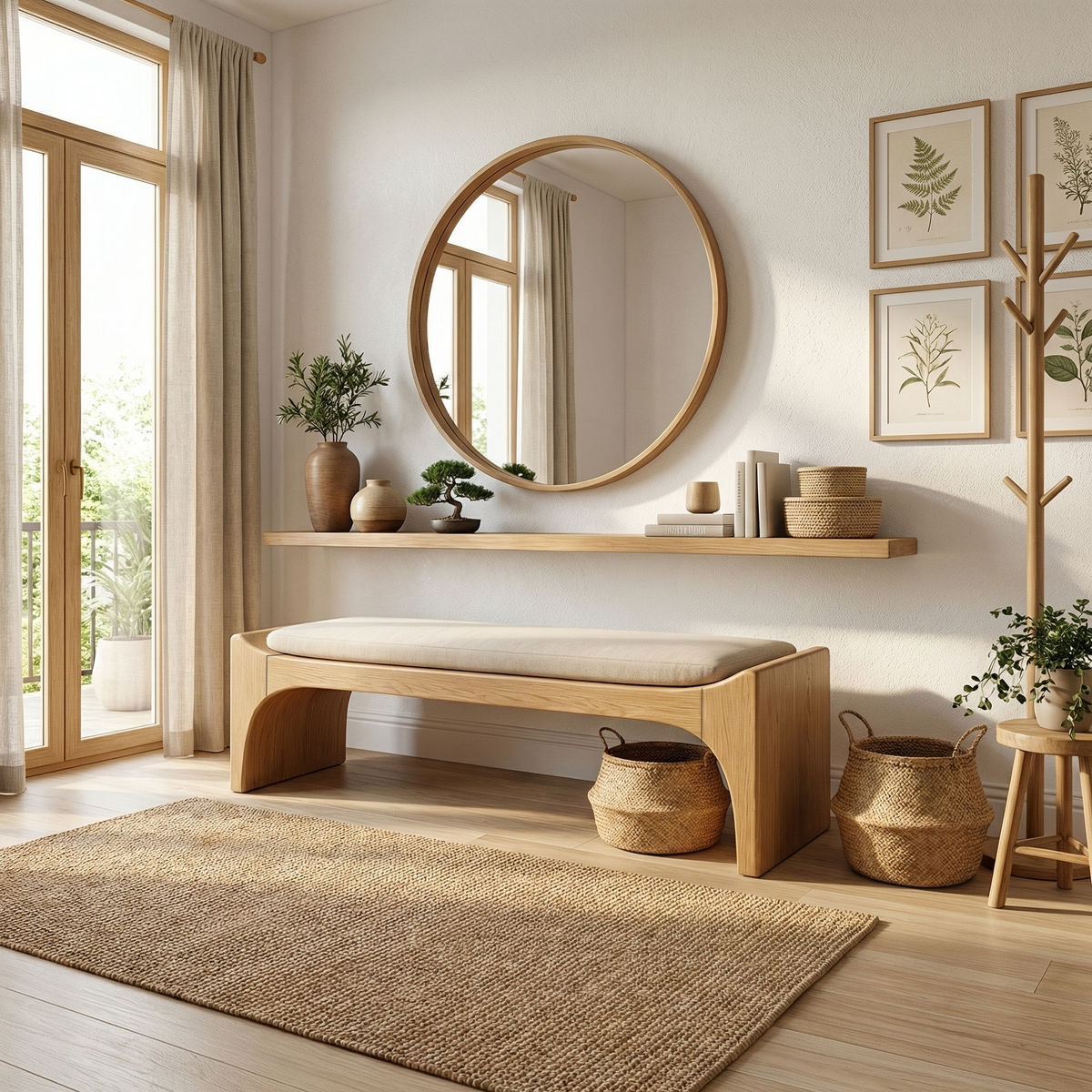 Mid-Century Modern Solid Wood Bench with Seat Cushion in Oak finish