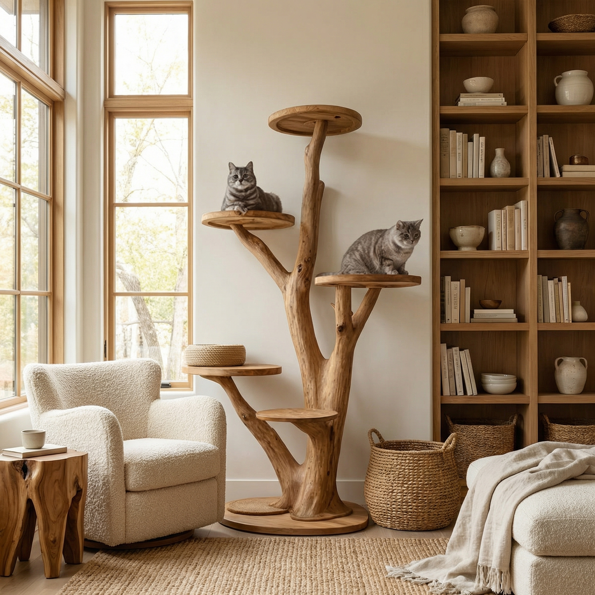 Rustic Solid Wood Tree Cat Tower with Branch Perches in Brown finish