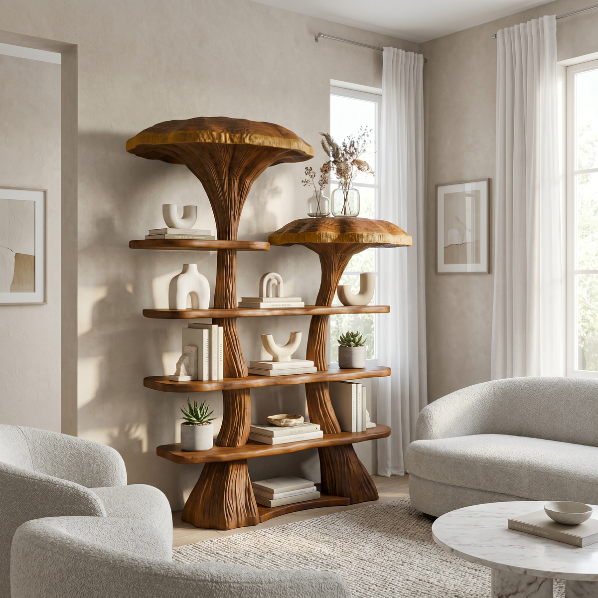 Mushroom Tree Branch Floating Bookshelf in Natural Wood in Brown finish