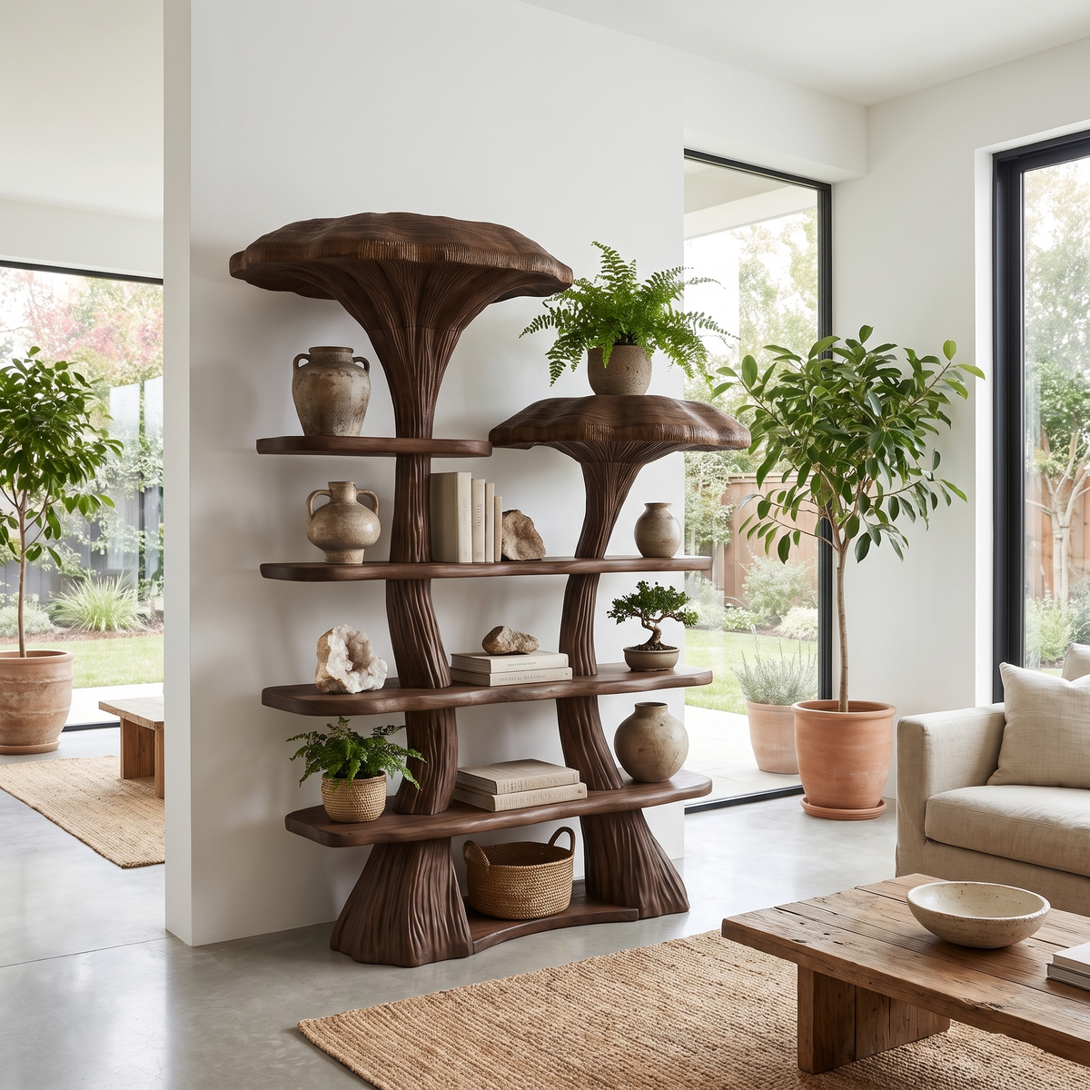 Mushroom Tree Branch Floating Bookshelf in Natural Wood in Walnut finish