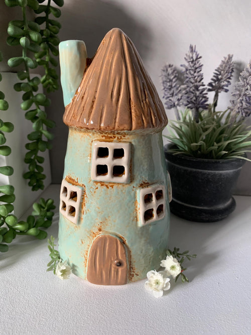 Aqua Thatched Cottage Tea Light House