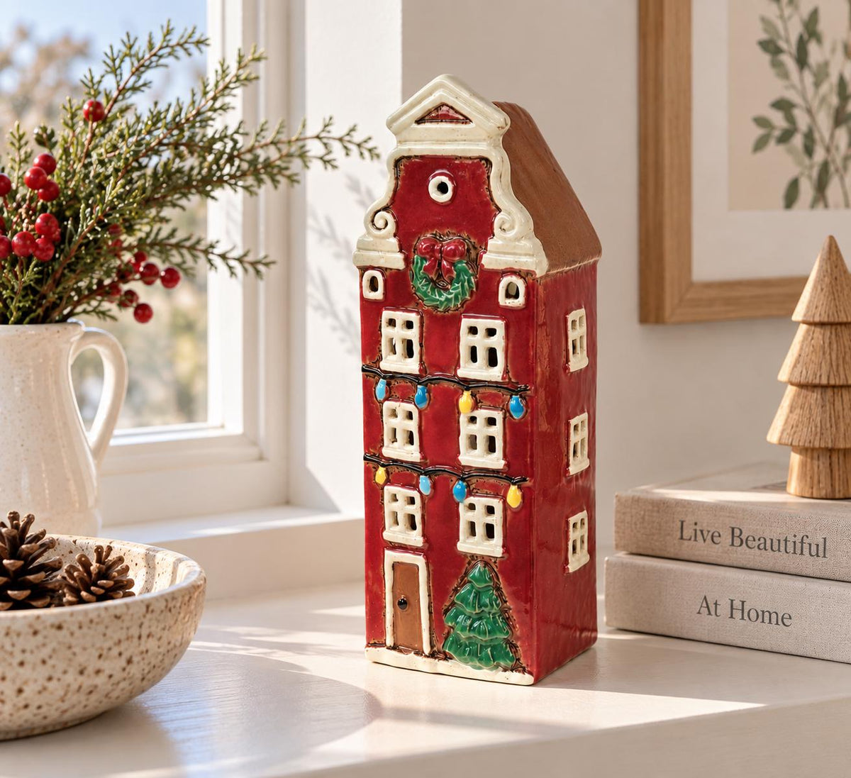 Tall Red Christmas Townhouse Candle House