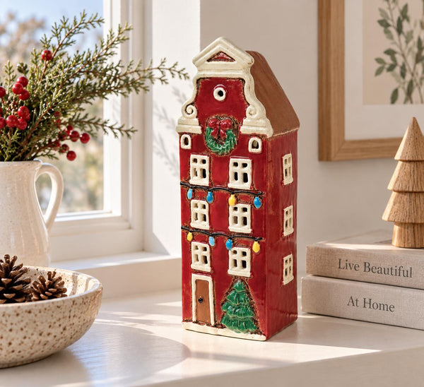 Tall Red Christmas Townhouse Candle House