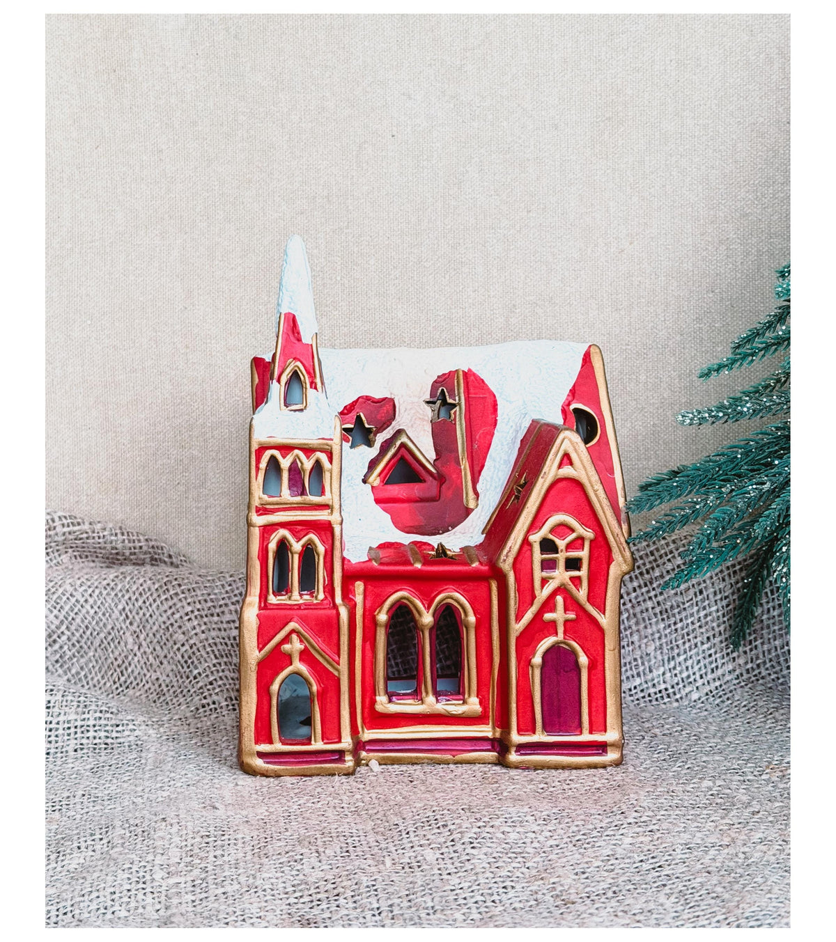 Red and Gold Christmas Chapel Candle House