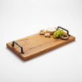 Rustic acacia wooden serving board with handles on white background