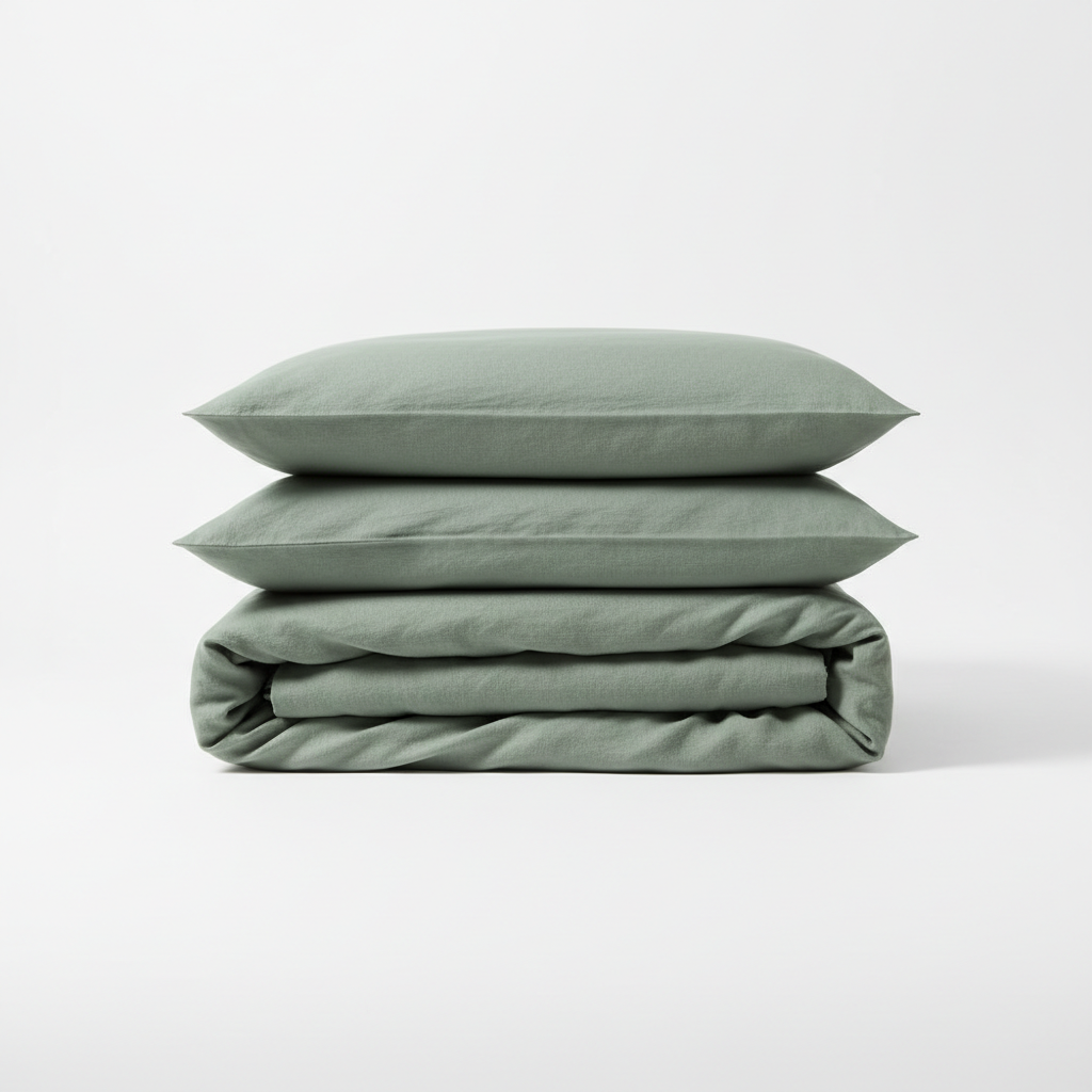 Minimalist sage green linen duvet cover set on white background