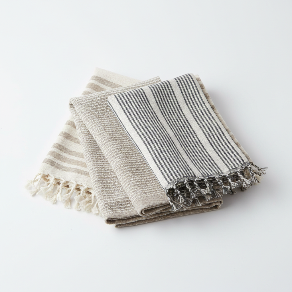 Set of 4 handwoven cotton kitchen towels with stripe pattern on white background